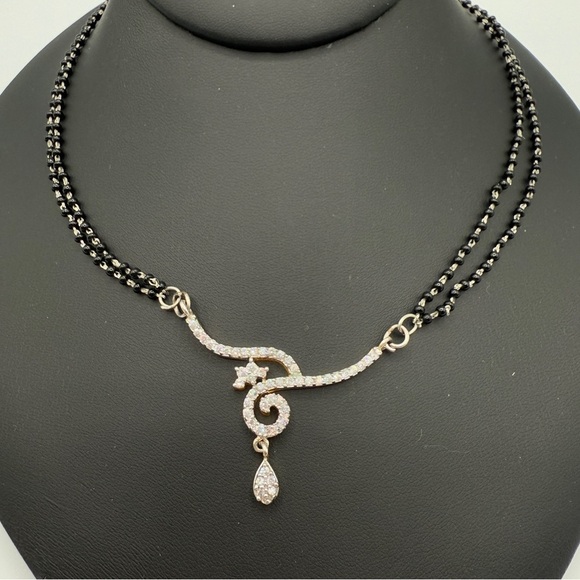 Dainty Necklace with Black Beaded Chain and CZ studded Asymmetrical Pendant - Picture 7 of 13